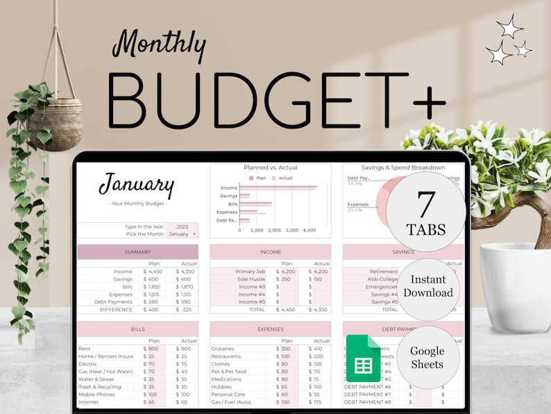 May include: A digital budget planner displayed on a tablet, featuring a pink and white color scheme. The screen shows a monthly budget breakdown with sections for income, expenses, and savings. Text includes "Monthly Budget+", "January", "7 Tabs", "Instant Download", and "Google Sheets".