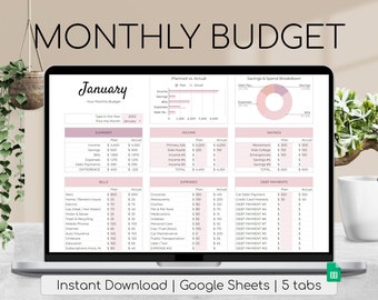 Maandelijks budgetspreadsheet | Blozen roze palet | Eenvoudige jaarlijkse begroting | Persoonlijke financiën | Gemakkelijke Google Spreadsheets | Financiële Planner Eenvoudig