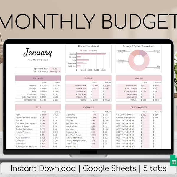 Feuille de calcul du budget mensuel | Palette rose poudré | Budget annuel simple | Finances personnelles | Feuilles Google faciles | Planificateur financier facile