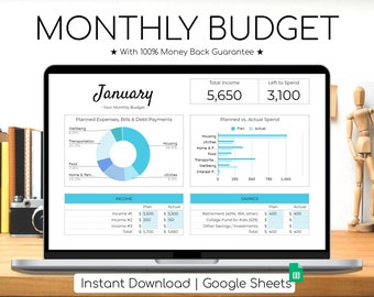 Feuille de calcul du budget mensuel | Budget annuel simple | Finances personnelles Excel | Feuilles Google faciles | Planificateur financier | Blues des Caraïbes