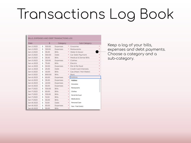 May include: A spreadsheet with a list of bills, expenses, and debt payments. The spreadsheet is titled "Bills, Expenses and Debt Transactions Log". The spreadsheet has columns for date, amount, category, and sub-category. The spreadsheet is partially filled out with example entries.