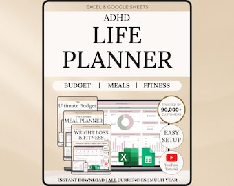 ADHD Life Planner Spreadsheet Budget Tracker Excel Meal Planner Fitness Planner Life Organizer Productivity Digital Organizer