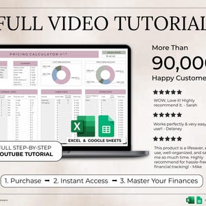 May include: A laptop screen displays a pricing calculator with charts and data, labeled "PRICING CALCULATOR." The image includes the text "FULL VIDEO TUTORIAL" and "More Than 90,000 Happy Customers!" with a YouTube tutorial link.