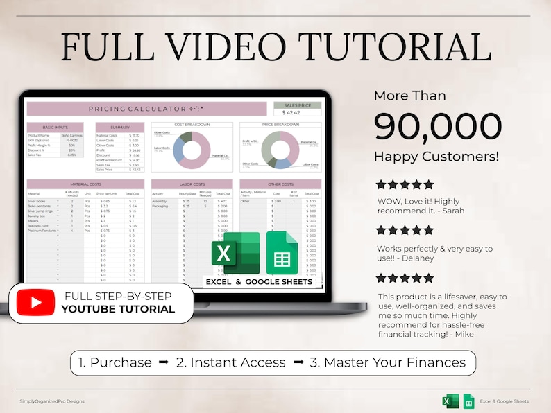 May include: A laptop screen displays a pricing calculator with charts and data, labeled "PRICING CALCULATOR." The image includes the text "FULL VIDEO TUTORIAL" and "More Than 90,000 Happy Customers!" with a YouTube tutorial link.