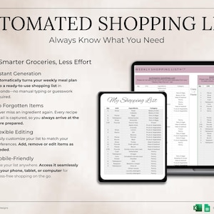 May include: Image of a digital shopping list with the text "AUTOMATED SHOPPING LIST Always Know What You Need." The image shows a laptop, tablet, and phone displaying a shopping list. Features include instant generation and mobile-friendly access.