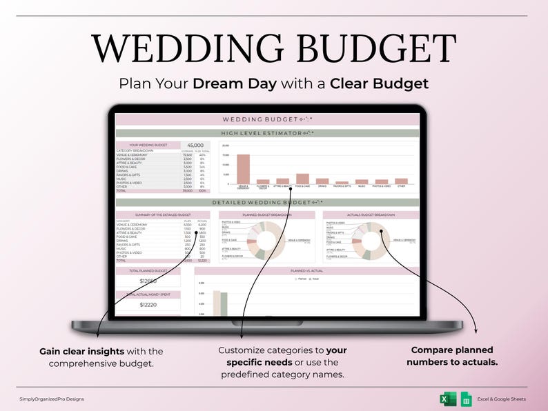 May include: A laptop screen shows a wedding budget spreadsheet with charts and tables. The text "WEDDING BUDGET" and "Plan Your Dream Day with a Clear Budget" are at the top. The spreadsheet includes sections for high-level estimates and detailed budgets.