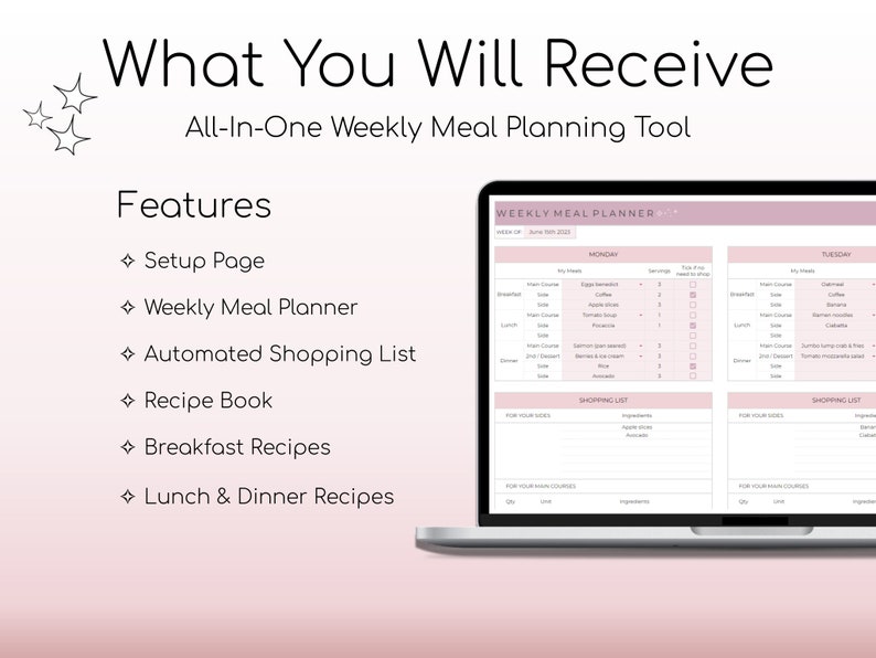 Weekly Meal Planner and Grocery List Google Sheets Digital Template Automated Shopping List Food Prep Printable Digital Meal Planner image 2