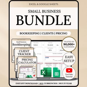 Peut inclure: Un ensemble numérique pour petites entreprises pour Excel et Google Sheets. Comprend des modèles de comptabilité, de suivi de la clientèle et de calculatrice de prix. Avec "Plus de 90 000 clients" et "Installation facile". Téléchargement instantané.