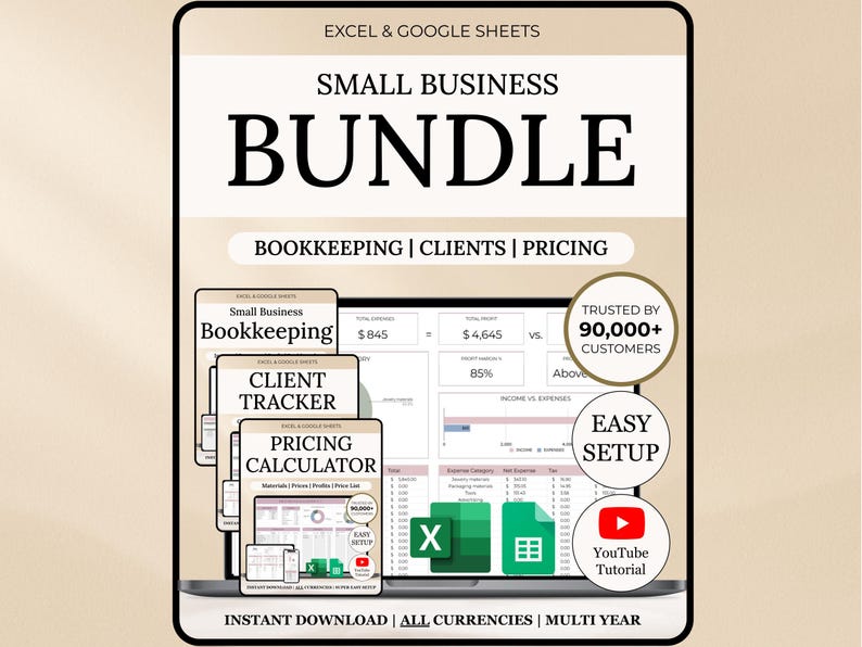 May include: Digital small business bundle for Excel and Google Sheets. Includes bookkeeping, client tracking, and pricing calculator templates. Features "Trusted by 90,000+ Customers" and "Easy Setup". Includes a YouTube tutorial. Instant download.