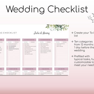 May include: A pink and white wedding checklist with the title "Wedding Checklist" and the names "Julie & Henry". The checklist is divided into ten categories, each with a list of tasks to be completed from 12 months to 1 day before the wedding.