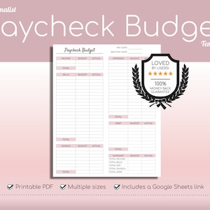 Minimalist Budget | Budget by Paycheck | Simple Printable PDF | Income | Personal Finances | Easy to Use Google Sheets | Financial Planner
