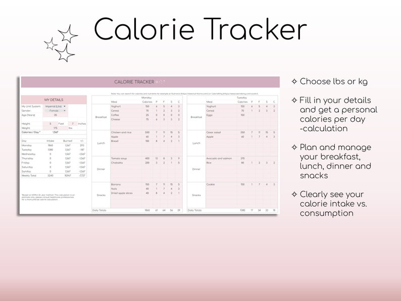 Tracker di perdita di peso e fitness / Fogli Google / Tracker di calorie / Pianificatore di pasti / Tracker di abitudini / Pianificatore di allenamento digitale immagine 4
