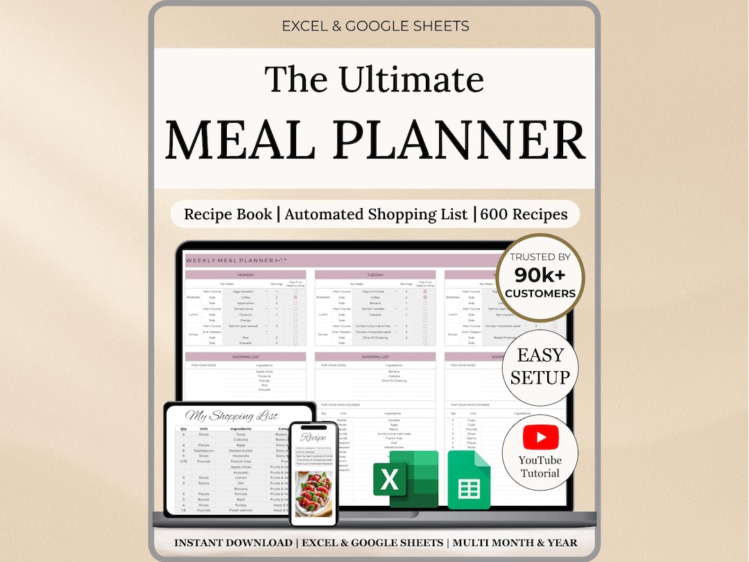 Weekly Meal Planner Spreadsheet Google Sheets & Excel Digital Template ...