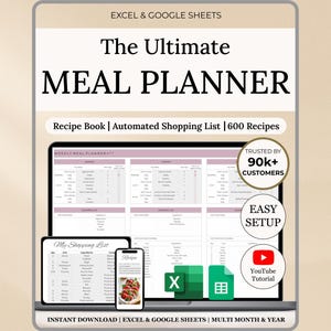 Puede incluir: Planificador de comidas digital con el texto "The Ultimate Meal Planner". La imagen muestra una computadora portátil, una tableta y un teléfono que muestran la interfaz del planificador. Incluye un libro de recetas, lista de compras automatizada y 600 recetas. Compatible con Excel y Google Sheets.