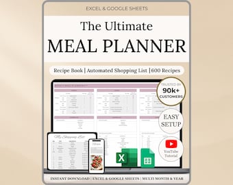 Weekly Meal Planner Spreadsheet Google Sheets & Excel Digital Template Automated Shopping List Food Prep Printable Digital Meal Planner