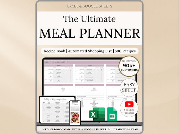 Weekly Meal Planner Spreadsheet Google Sheets & Excel Digital Template Automated Shopping List Food Prep Printable Digital Meal Planner