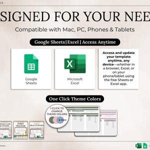 May include: Graphic with the text "DESIGNED FOR YOUR NEEDS" and icons for Google Sheets and Microsoft Excel. The image also includes the text "Compatible with Mac, PC, Phones & Tablets" and "Access and update your template anytime, any device."