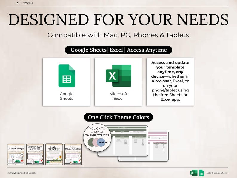 May include: Graphic with the text "DESIGNED FOR YOUR NEEDS" and icons for Google Sheets and Microsoft Excel. The image also includes the text "Compatible with Mac, PC, Phones & Tablets" and "Access and update your template anytime, any device."
