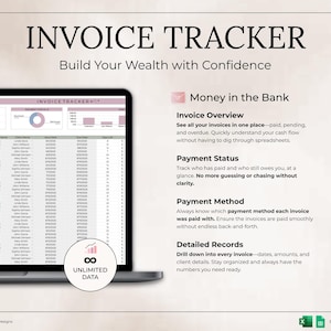 May include: A laptop screen displays an invoice tracker with the title "INVOICE TRACKER." The screen shows a spreadsheet with financial data, charts, and the text "Build Your Wealth with Confidence." Additional text describes invoice overview, payment status, method, and detailed records.