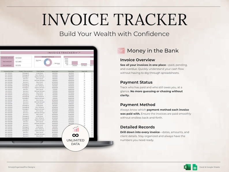 May include: A laptop screen displays an invoice tracker with the title "INVOICE TRACKER." The screen shows a spreadsheet with financial data, charts, and the text "Build Your Wealth with Confidence." Additional text describes invoice overview, payment status, method, and detailed records.