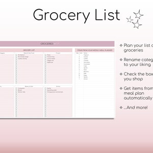 May include: A pink and white printable grocery list template with checkboxes. The template is divided into sections for fruits & veggies, meat & seafood, frozen, bakery & dairy, drinks, and items from your weekly meal planner. The text "Grocery List" is at the top of the page.