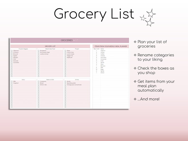 May include: A pink and white printable grocery list template with checkboxes. The template is divided into sections for fruits & veggies, meat & seafood, frozen, bakery & dairy, drinks, and items from your weekly meal planner. The text "Grocery List" is at the top of the page.
