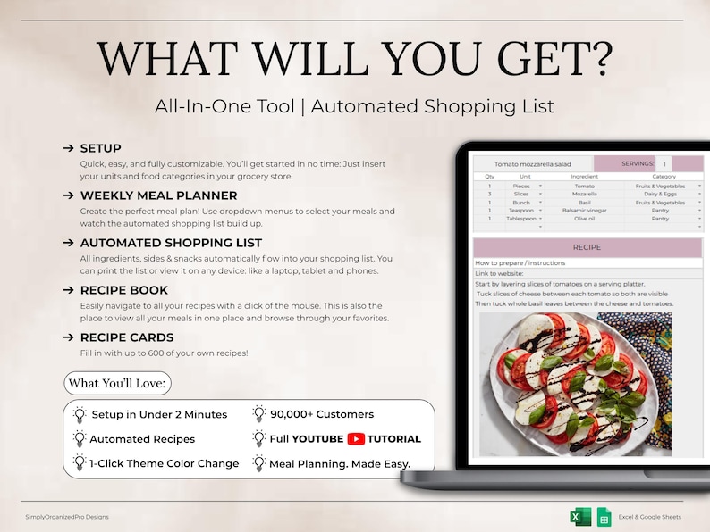 Weekly Meal Planner Spreadsheet Google Sheets & Excel Digital Template Automated Shopping List Food Prep Printable Digital Meal Planner image 2