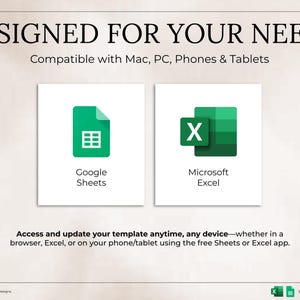 May include: Image features the text "DESIGNED FOR YOUR NEEDS" and "Compatible with Mac, PC, Phones & Tablets." It displays the Google Sheets and Microsoft Excel logos. The text below reads, "Access and update your template anytime, any device."