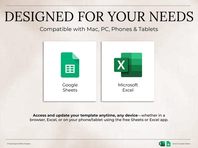 May include: Image features the text "DESIGNED FOR YOUR NEEDS" and "Compatible with Mac, PC, Phones & Tablets." It displays the Google Sheets and Microsoft Excel logos. The text below reads, "Access and update your template anytime, any device."