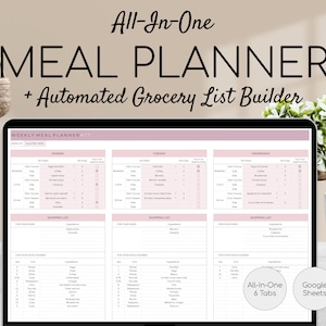 Weekly Meal Planner and Grocery List | Google Sheets Digital Template | Automated Shopping List | Food Prep | Printable Digital Meal Planner