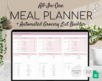 Weekly Meal Planner and Grocery List | Google Sheets Digital Template | Automated Shopping List | Food Prep | Printable Digital Meal Planner