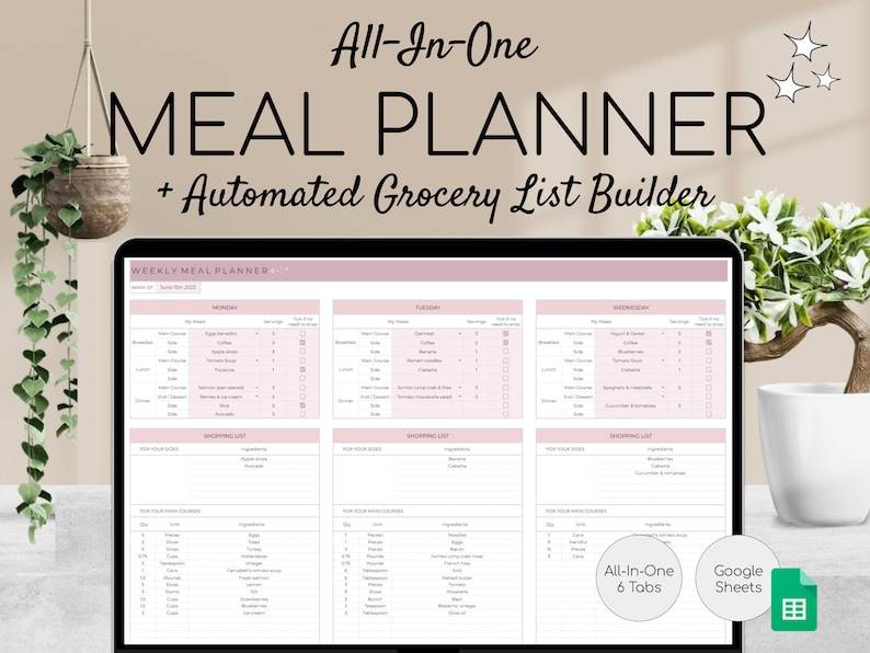 Tygodniowy plan posiłków i lista zakupów Szablon cyfrowy Arkuszy Google Automatyczna lista zakupów Przygotowanie jedzenia Cyfrowy planer posiłków do wydrukowania zdjęcie 1