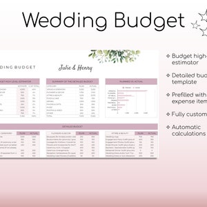 May include: A pink and white wedding budget template with the title "Wedding Budget" and the names "Julie & Henry". The template includes a high-level estimator, a detailed budget, and a planned vs. actual chart. The template is prefilled with typical expense items and is fully customisable.