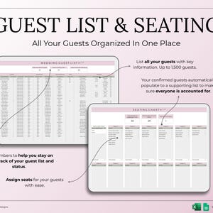 May include: A digital wedding guest list and seating chart template. The image shows two spreadsheets with the text "GUEST LIST & SEATING" and "WEDDING GUEST LIST" and "SEATING CHART". The text also says "All Your Guests Organised In One Place".