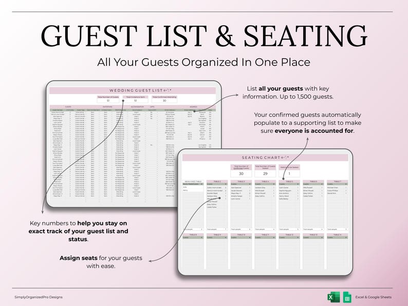 May include: A digital wedding guest list and seating chart template. The image shows two spreadsheets with the text "GUEST LIST & SEATING" and "WEDDING GUEST LIST" and "SEATING CHART". The text also says "All Your Guests Organised In One Place".