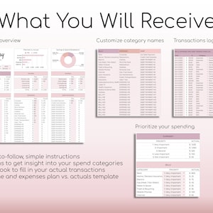 May include: A pink and white printable budget planner with the title "What You Will Receive". The planner includes a monthly overview, a transactions log book, and a section to prioritize spending. The planner is designed to help users track their income and expenses.