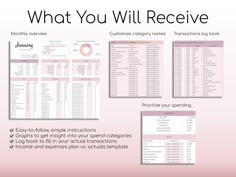 May include: A pink and white printable budget planner with the title "What You Will Receive". The planner includes a monthly overview, a transactions log book, and a section to prioritize spending. The planner is designed to help users track their income and expenses.