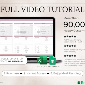 May include: A laptop screen displays a meal planner template with the text "FULL VIDEO TUTORIAL." The image includes a YouTube tutorial button, Excel and Google Sheets icons, and customer testimonials. The text reads "More Than 90,000 Happy Customers!"
