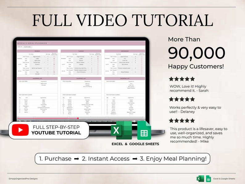 May include: A laptop screen displays a meal planner template with the text "FULL VIDEO TUTORIAL." The image includes a YouTube tutorial button, Excel and Google Sheets icons, and customer testimonials. The text reads "More Than 90,000 Happy Customers!"