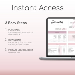 May include: A pink and white digital budget planner template for January. The template includes sections for income, expenses, bills, and a summary of planned versus actual spending. The template is displayed on a laptop computer.