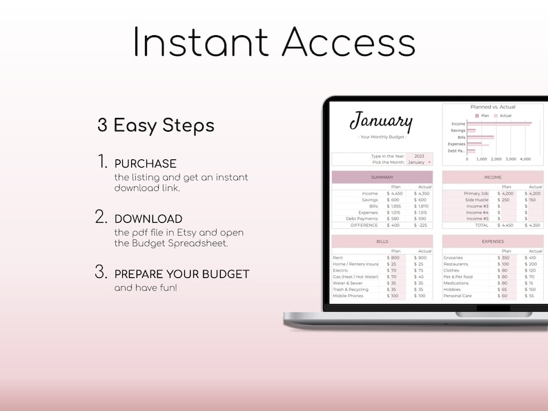 May include: A pink and white digital budget planner template for January. The template includes sections for income, expenses, bills, and a summary of planned versus actual spending. The template is displayed on a laptop computer.
