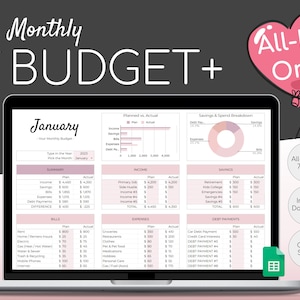 Monthly Budget Plus Spreadsheet | Simple Annual Budget | Personal Finances Excel | Easy Google Sheets | Financial Planner | All-In-One