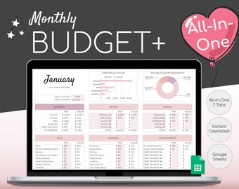 Monthly Budget Plus Spreadsheet | Simple Annual Budget | Personal Finances Excel | Easy Google Sheets | Financial Planner | All-In-One