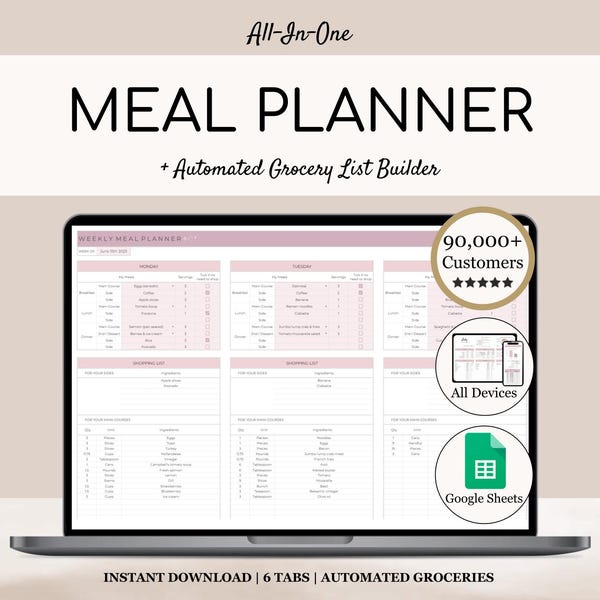 Weekly Meal Planner and Grocery List | Google Sheets Digital Template | Automated Shopping List | Food Prep | Printable Digital Meal Planner