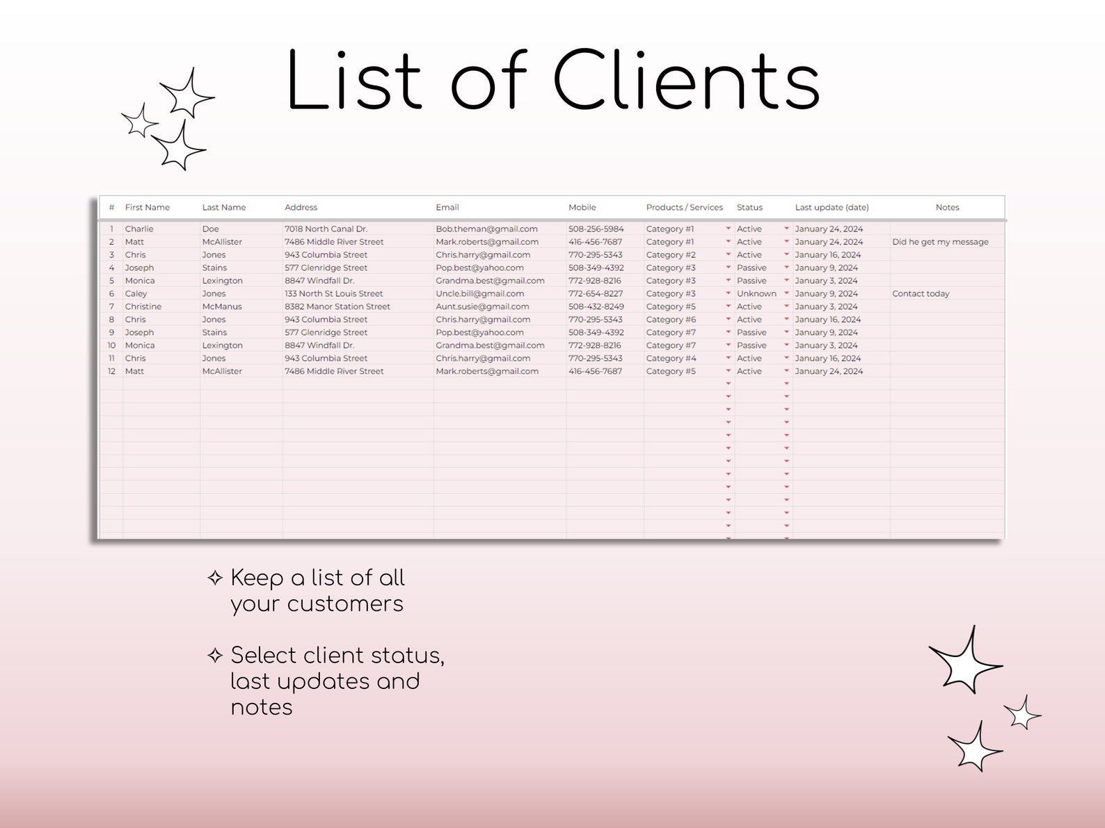 Client Tracker Spreadsheet | Small Business Template | Customer List ...