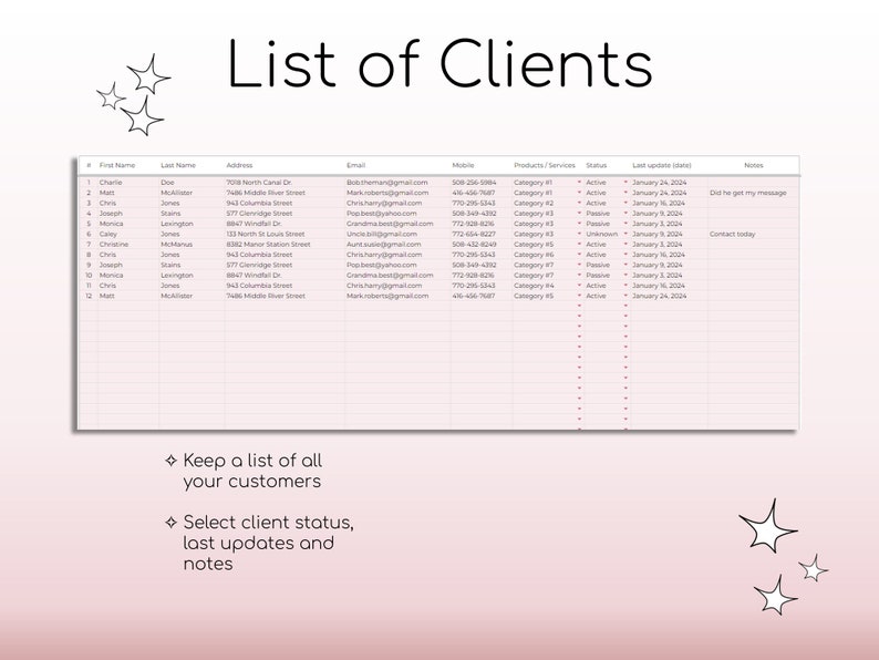 May include: A pink and white gridded table with a list of clients, their contact information, and notes. The table includes columns for first name, last name, address, email, mobile, products/services, status, last update date, and notes. The table is titled "List of Clients".