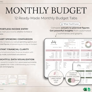 May include: A digital product titled "MONTHLY BUDGET" with 12 ready-made budget tabs. The image shows a spreadsheet with pink accents, offering effortless income entry, smart spending comparison, and instant financial clarity. Includes automated summaries and graphs.