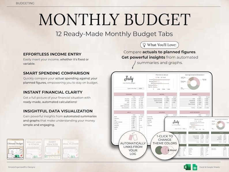 May include: A digital product titled "MONTHLY BUDGET" with 12 ready-made budget tabs. The image shows a spreadsheet with pink accents, offering effortless income entry, smart spending comparison, and instant financial clarity. Includes automated summaries and graphs.