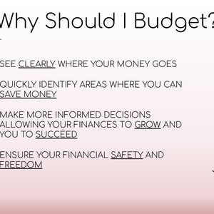 May include: A graphic with the title "Why Should I Budget?" and bullet points: See clearly where your money goes, quickly identify areas where you can save money, make more informed decisions, and ensure your financial safety and freedom.