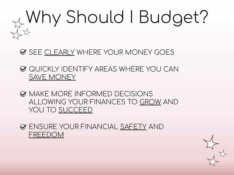 May include: A graphic with the title "Why Should I Budget?" and bullet points: See clearly where your money goes, quickly identify areas where you can save money, make more informed decisions, and ensure your financial safety and freedom.